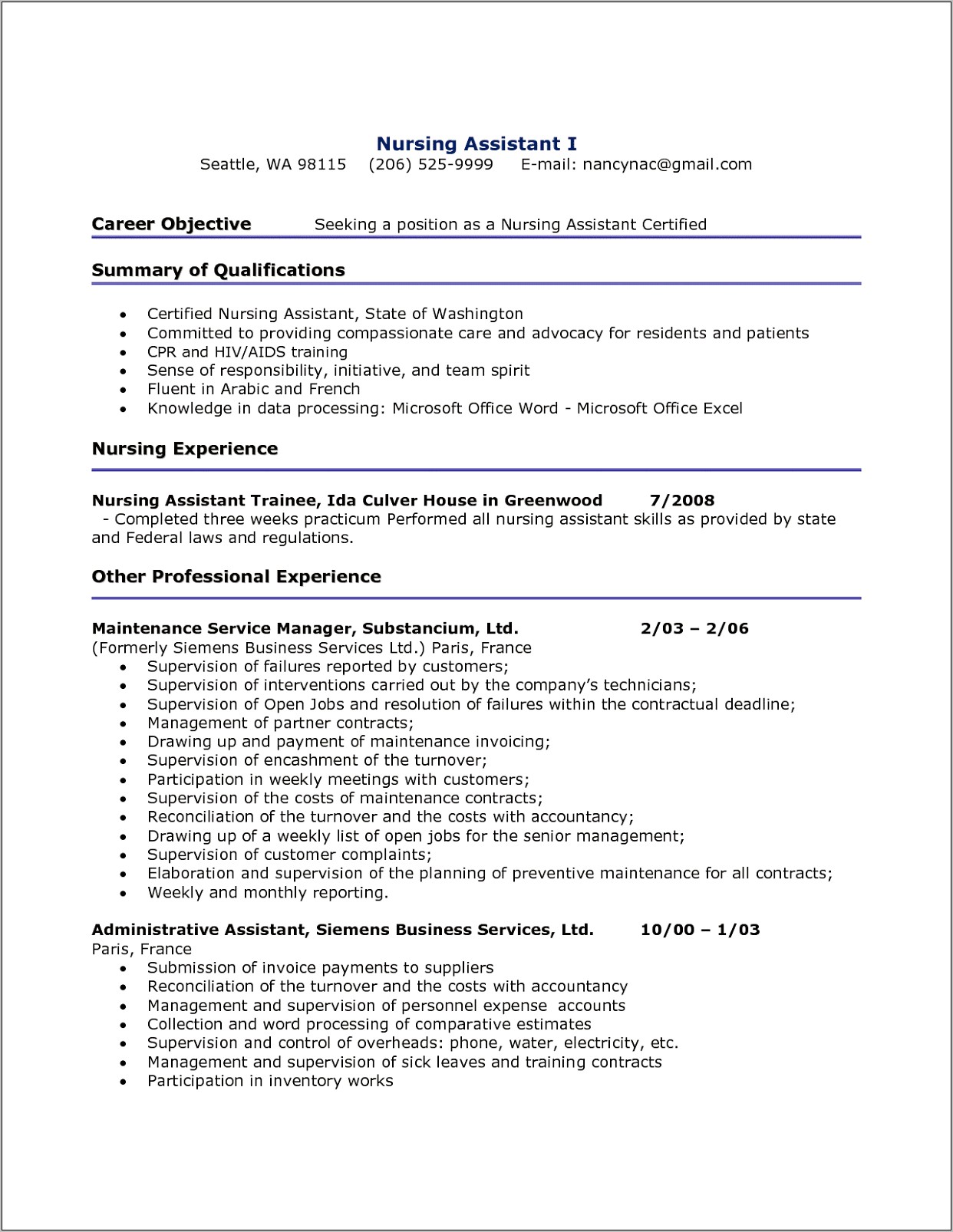 Resume For Cna Position With No Experience