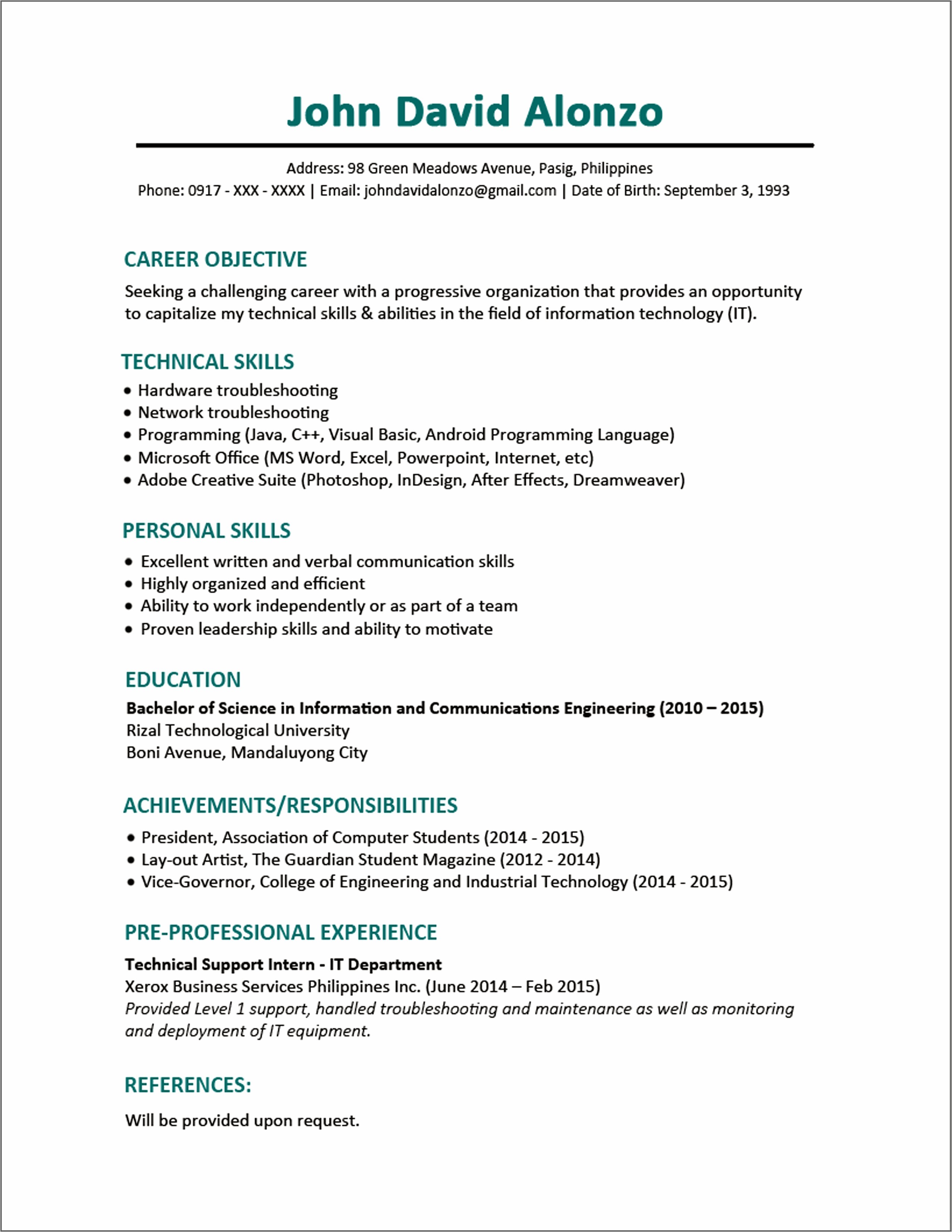 Resume For Computer Job Sample Format