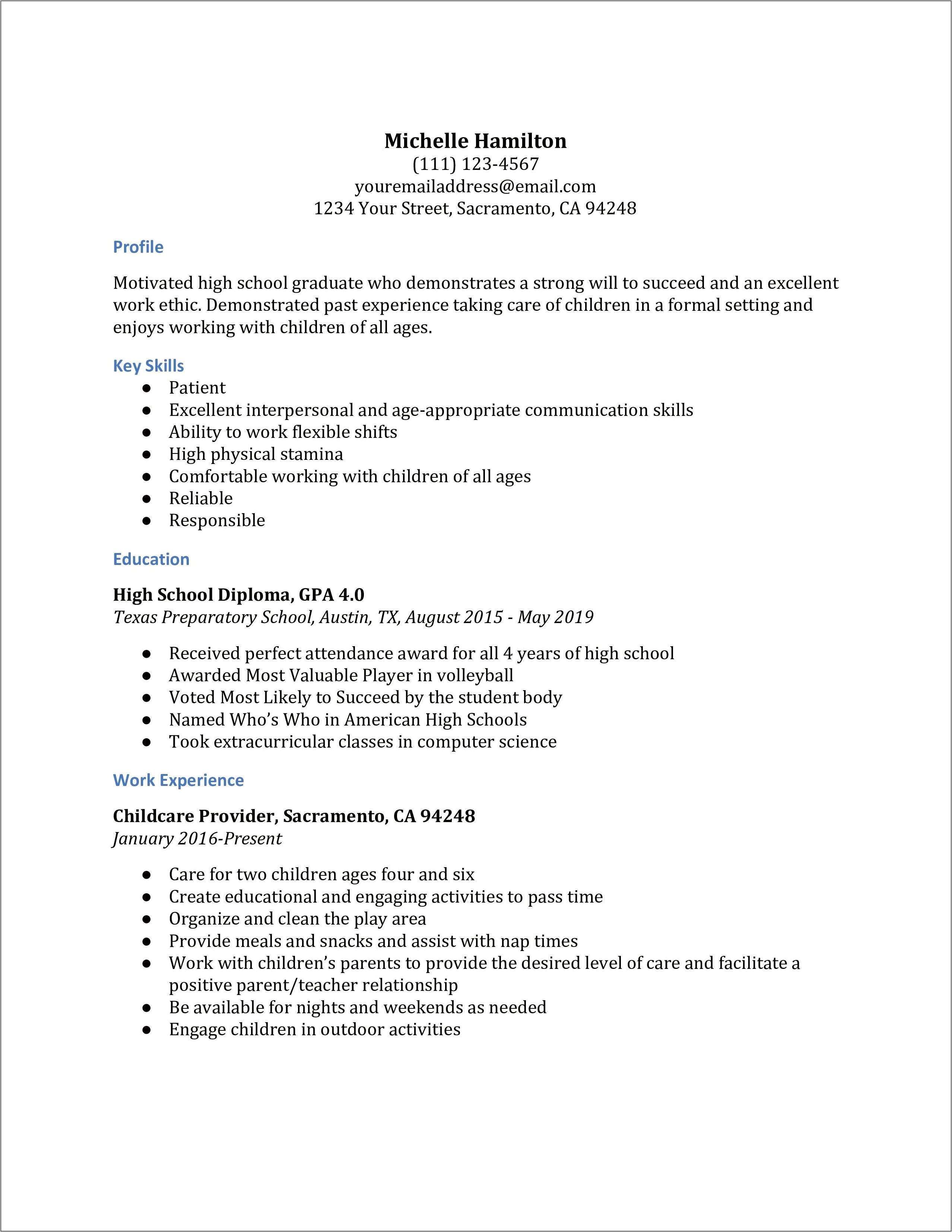 Resume For High School Graduate For College