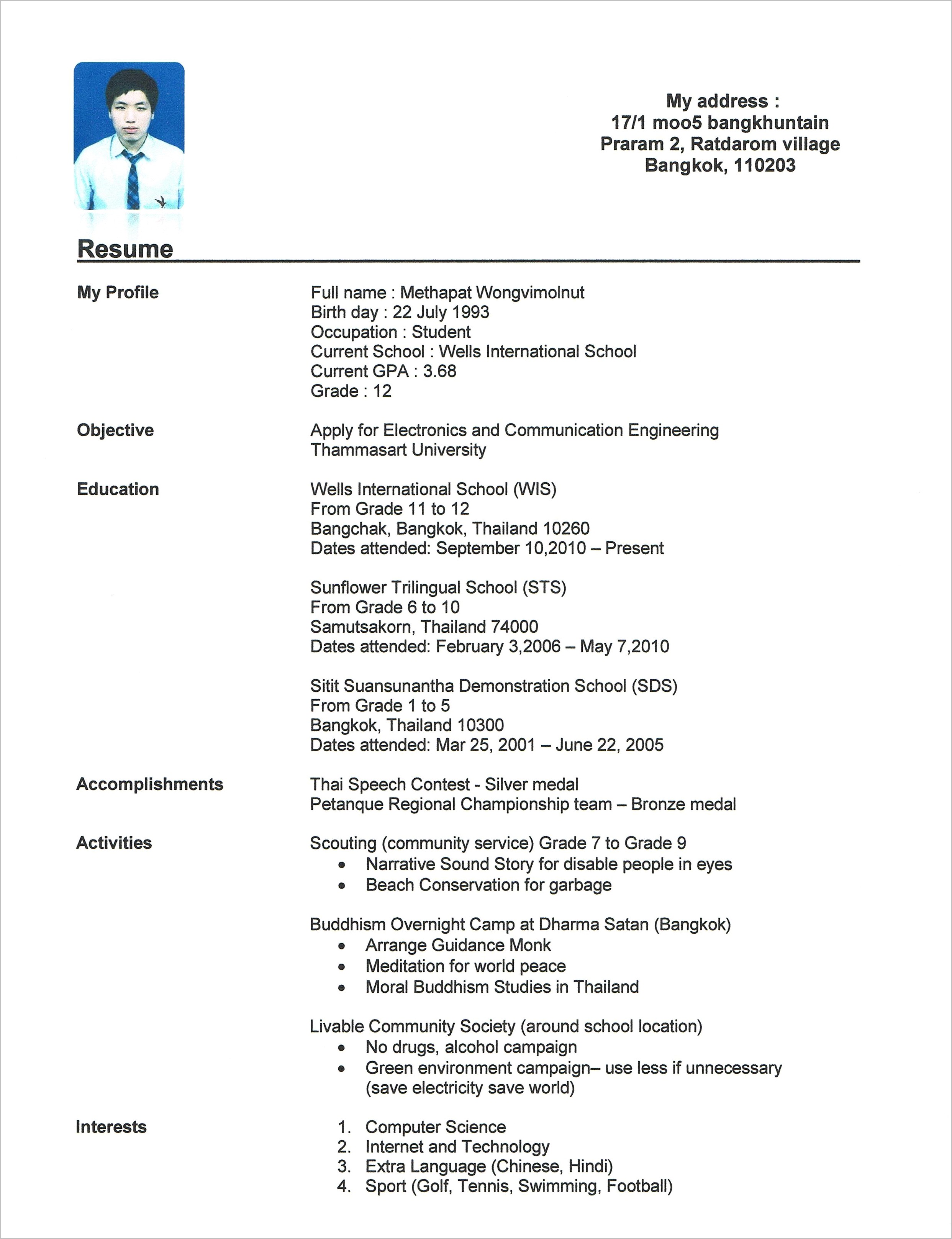 Resume For High School Student For Job