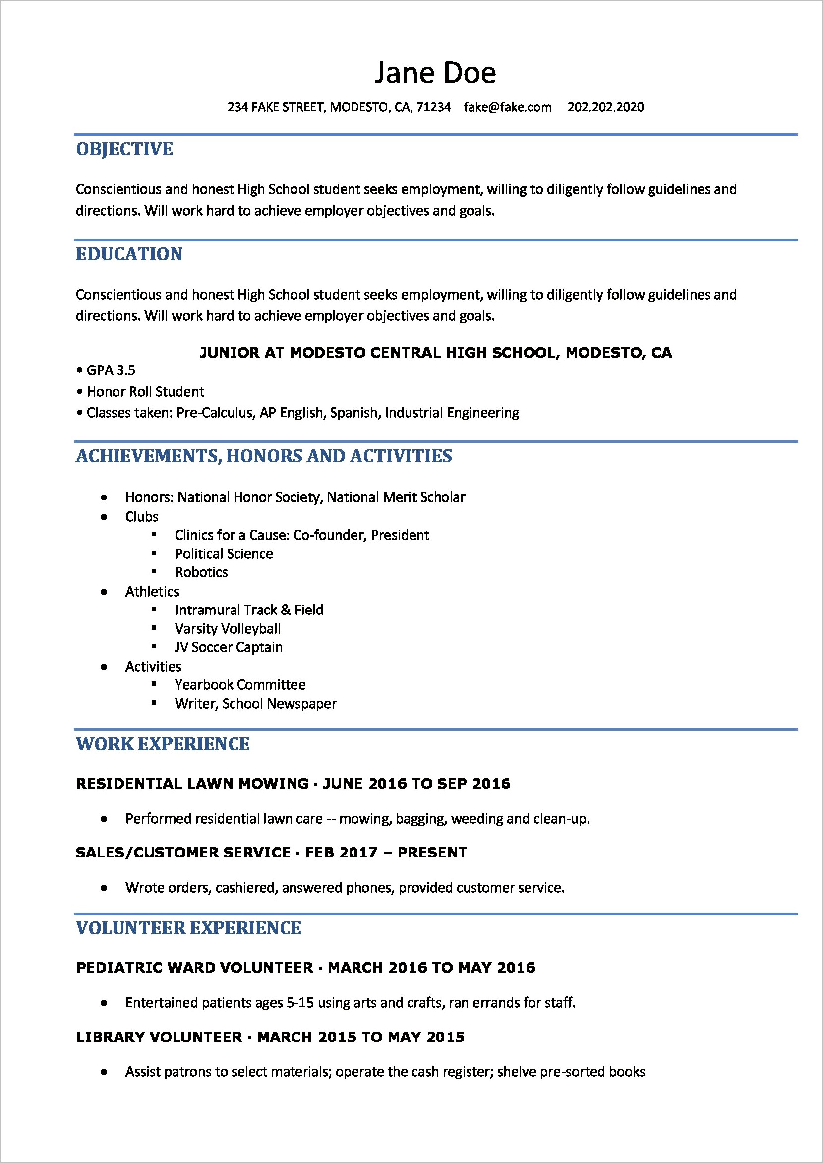 Resume For High School Student G