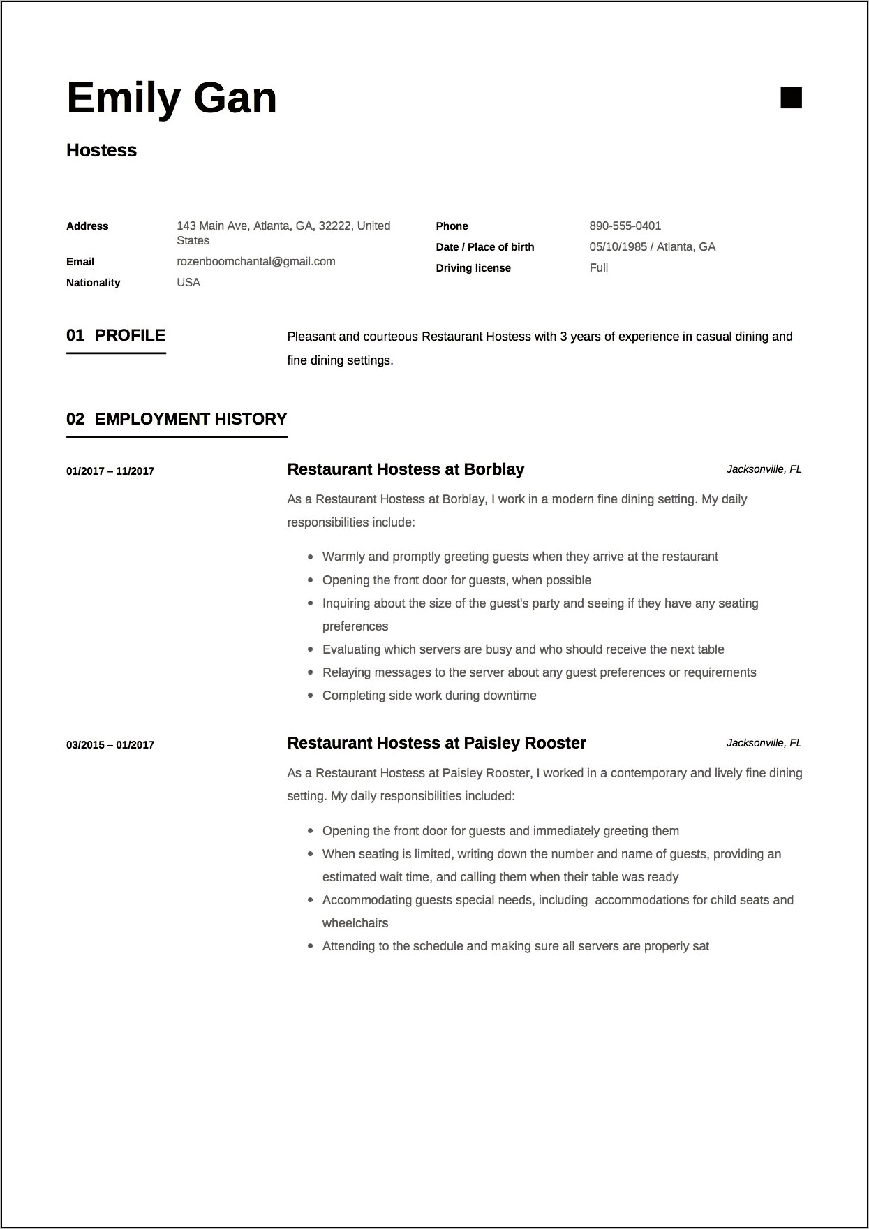 Resume For Hostess With No Experience