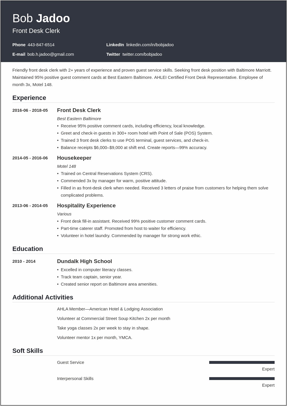 Resume For Hotel Job With No Experience Pdf