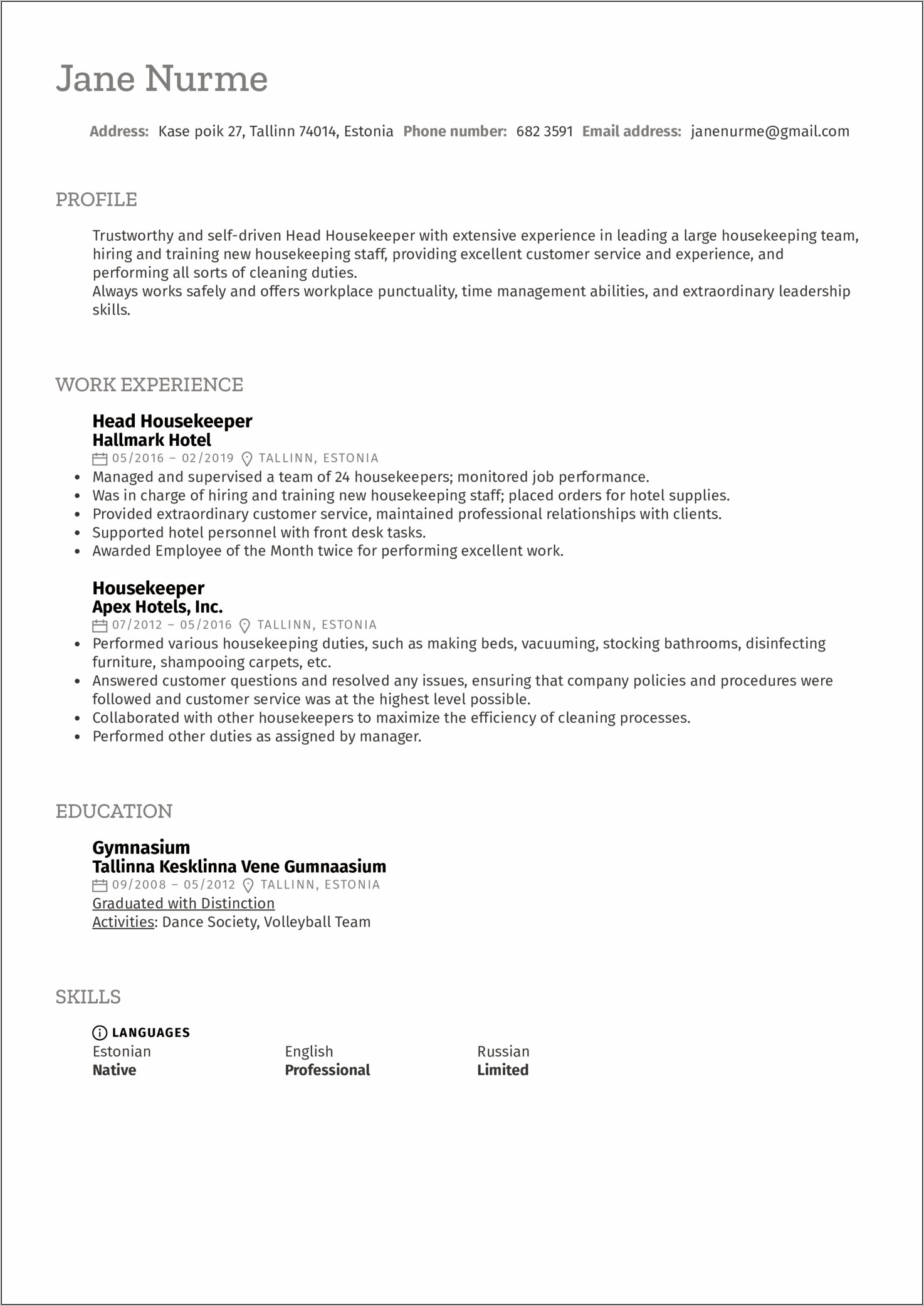 Resume For Housekeeping With No Work Experience