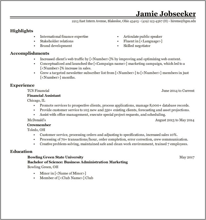 Resume For Job At University
