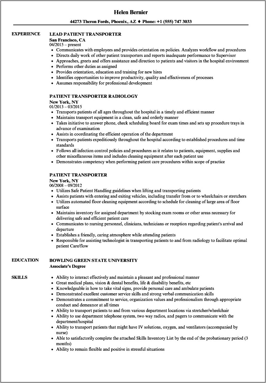 Resume For Orderly Job At Hospital