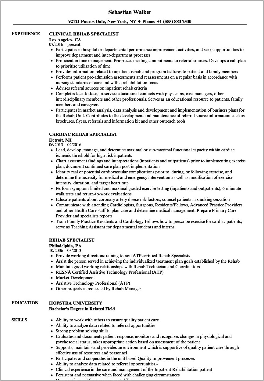 Resume For Rehabilitaion Supervisor Work History