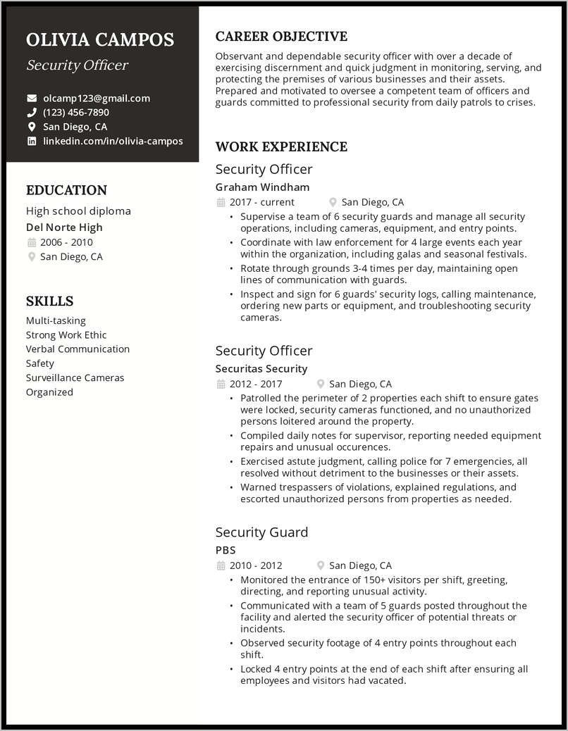 Resume For Security Guard Position With No Experience - Resume Example ...