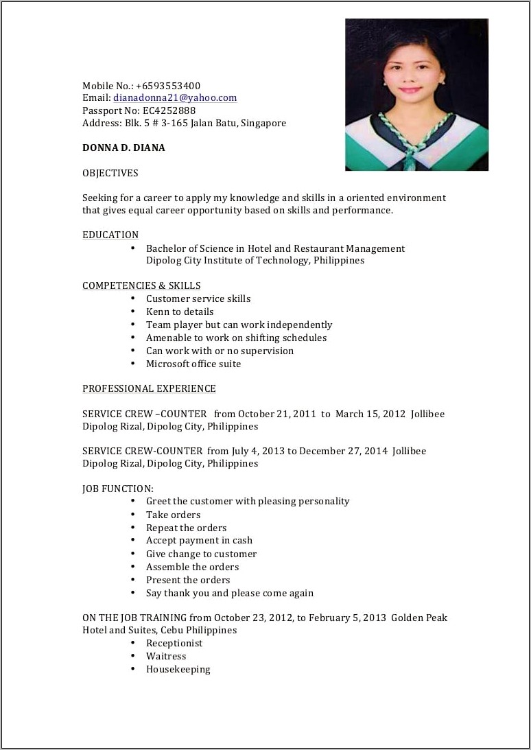 resume for service crew with experience