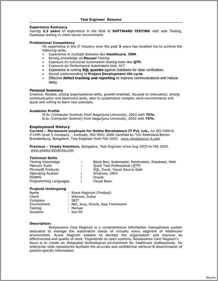 Resume Format For 3 Years Experience Engineer