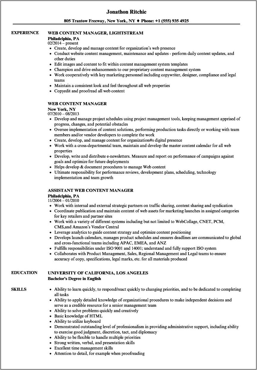 Resume Format For Content Management Job