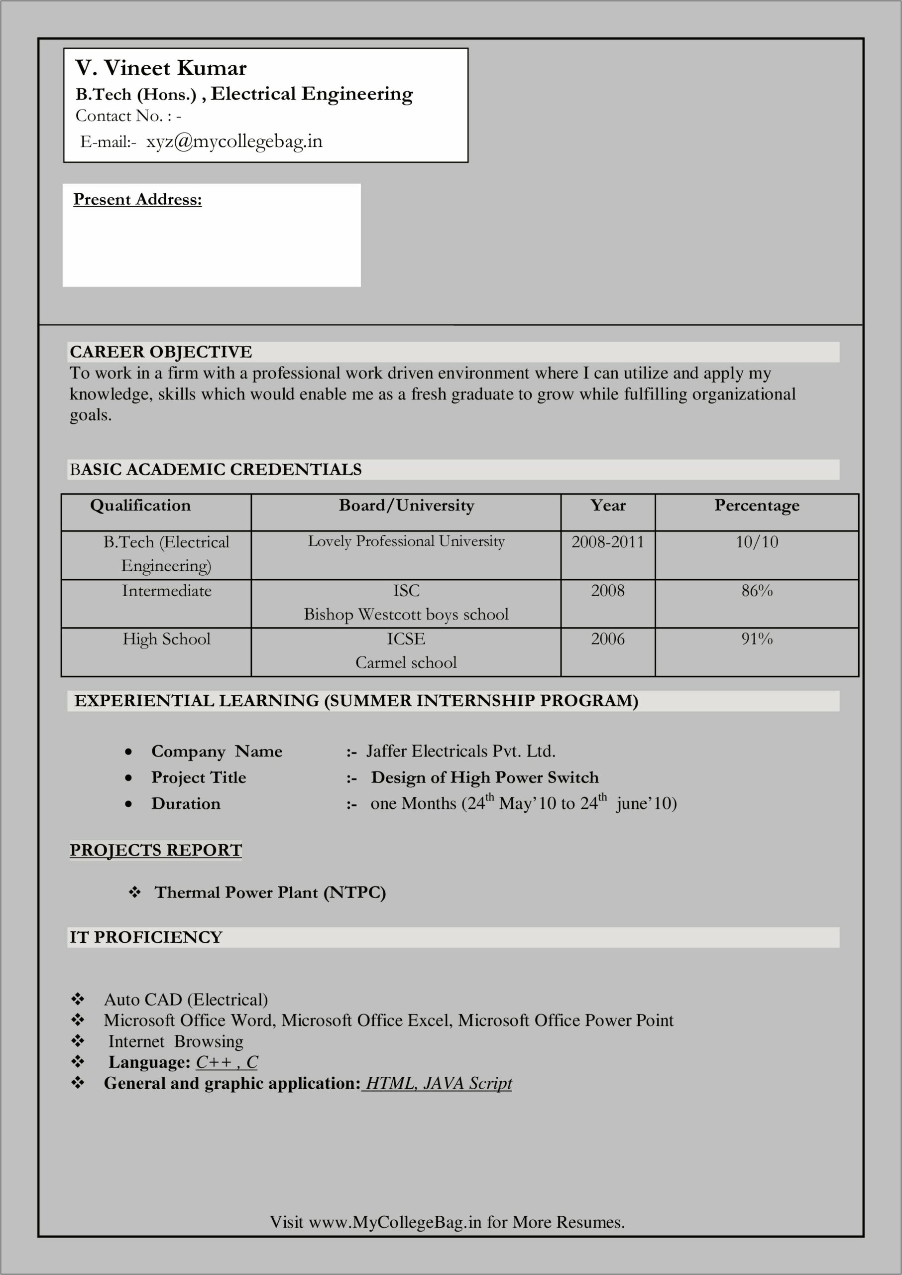 Resume Format For Electrical Engineering Students Free Download