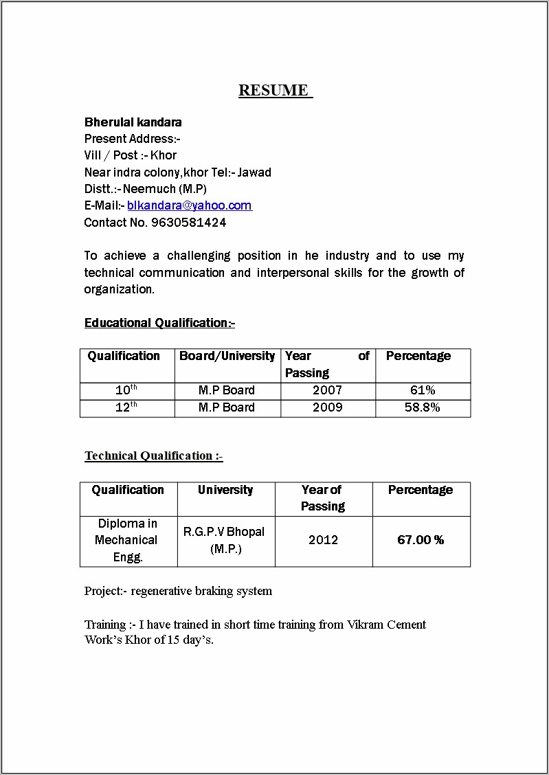 Resume Format For Freshers Engineers Doc Free Download