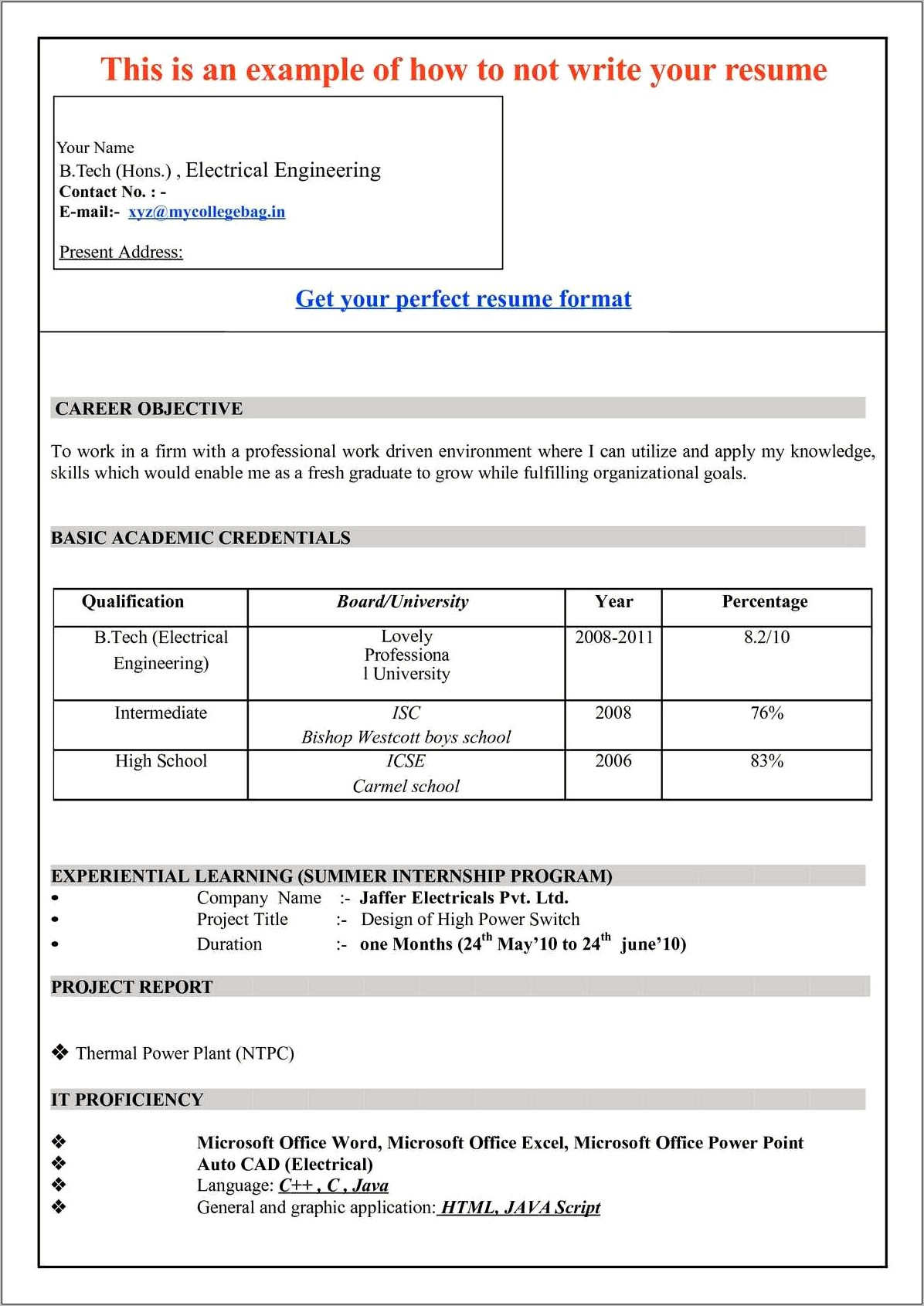 Resume Format For It Freshers In Ms Word Resume Example Gallery
