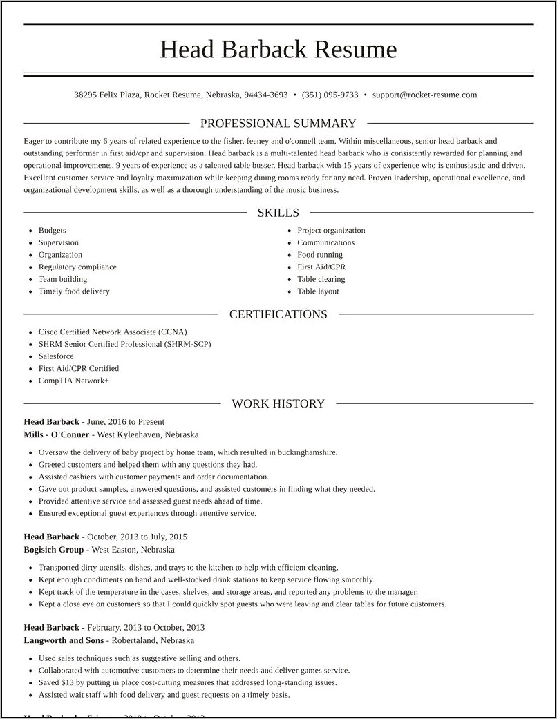 Resume From Working As A Barback