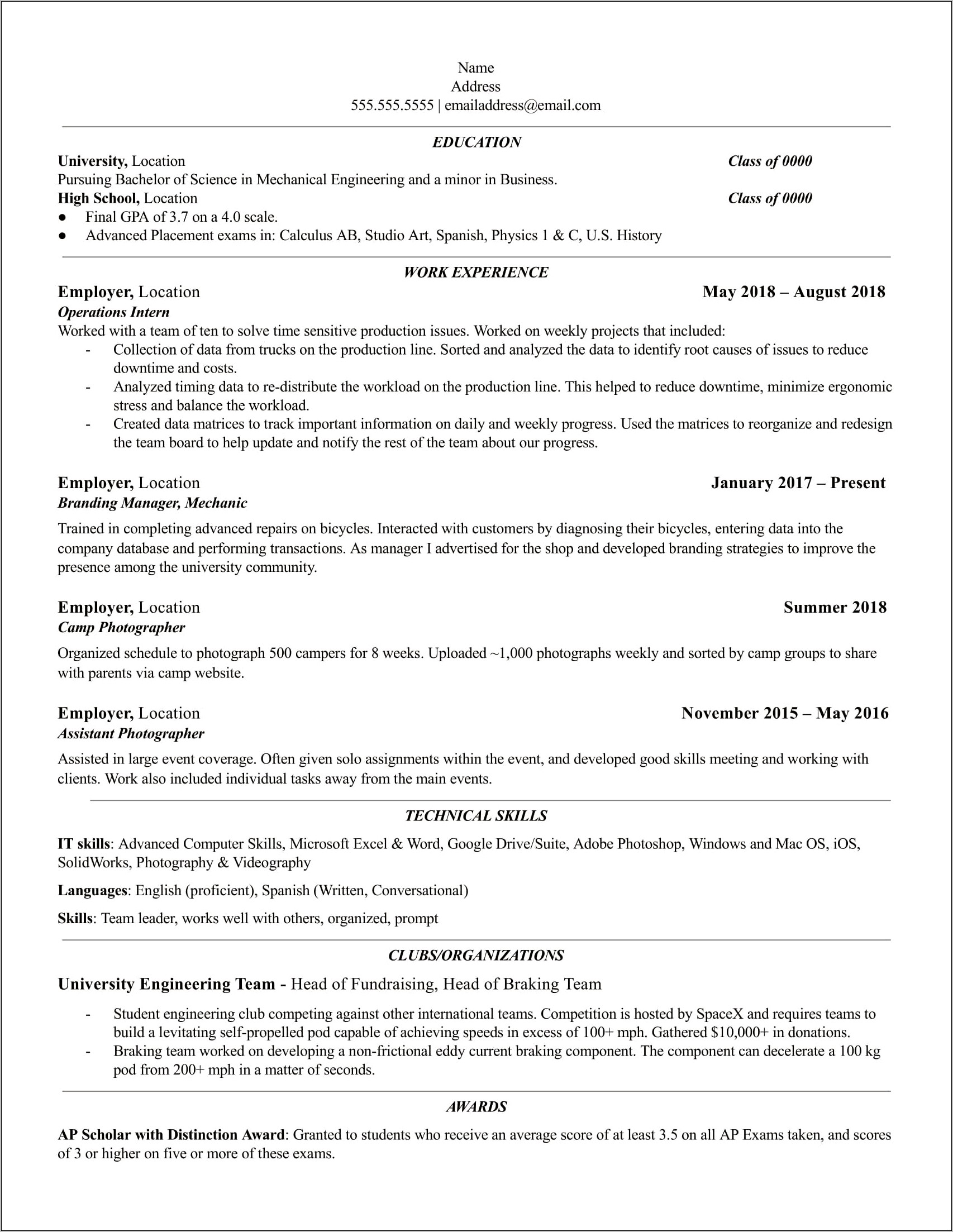 Resume Google Intern Job History