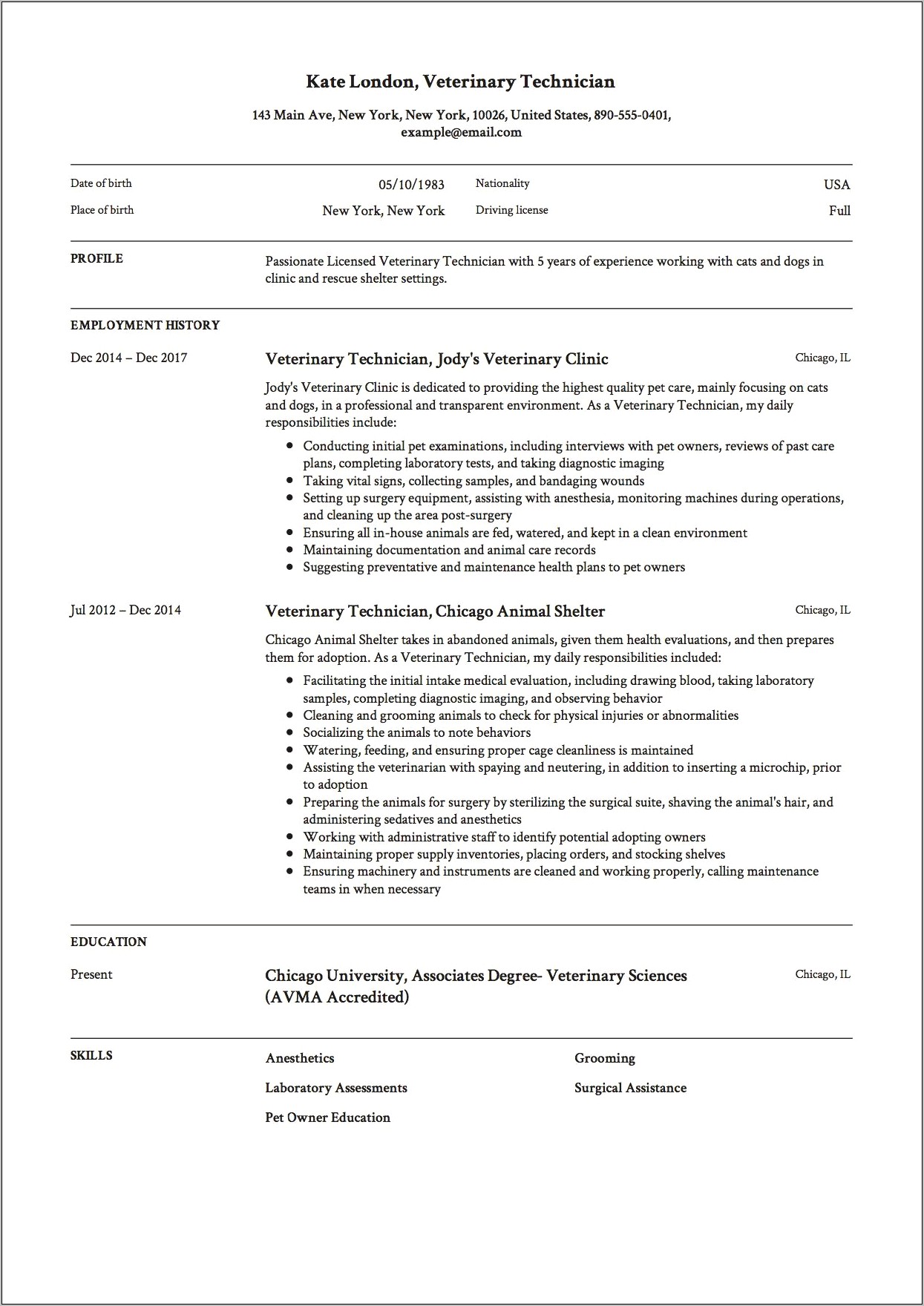 Resume Object Of In Animal Clinic
