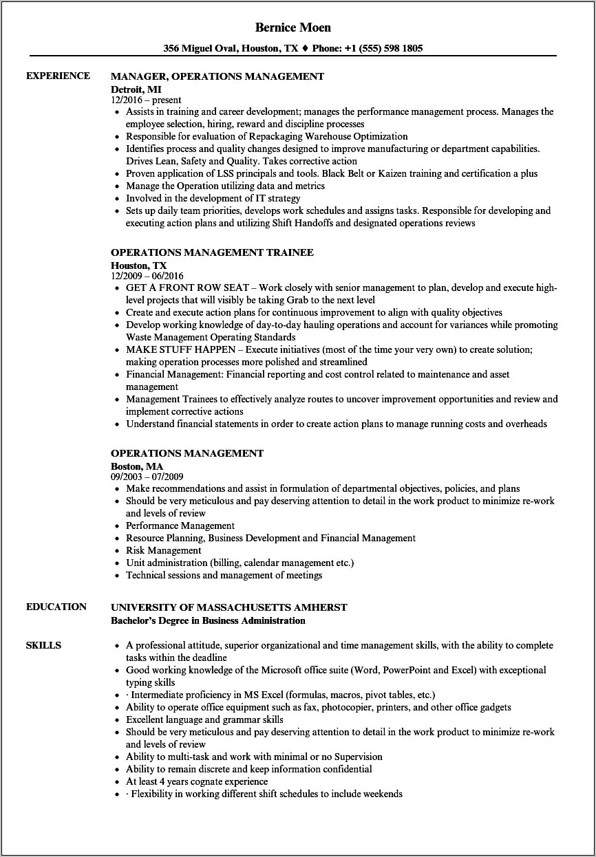 Resume Objective Example For Business Management
