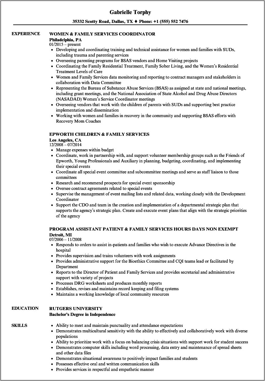 Resume Objective Examples For Family Speciallist