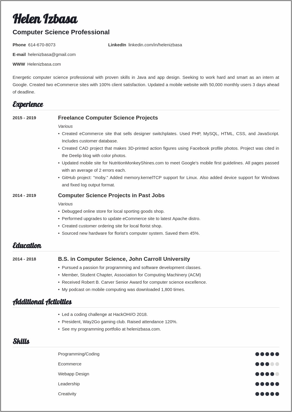 Resume Objective For A Student Internship