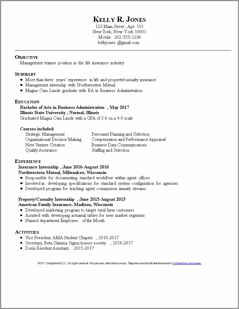 Resume Objective For Management Graduate With Bachelors