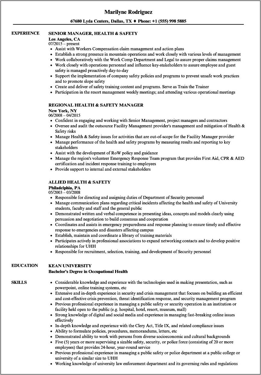 Resume Objective For Occupational Health And Safety