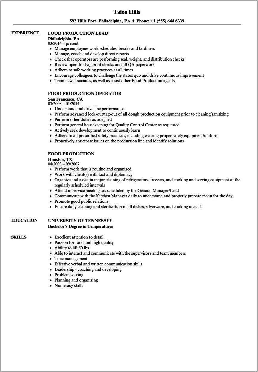 Resume Objectives For Jobs In The Food Inndustry