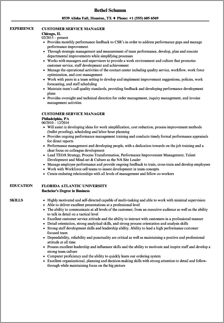 Resume Profile For Customer Service Manager