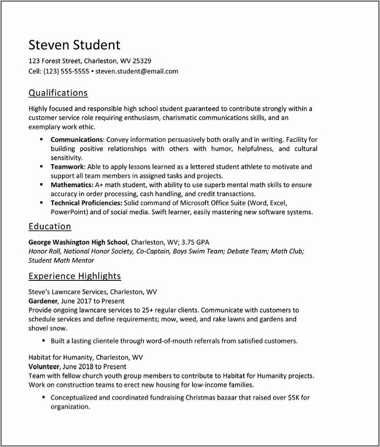 Resume Sample For High School Undergraduate