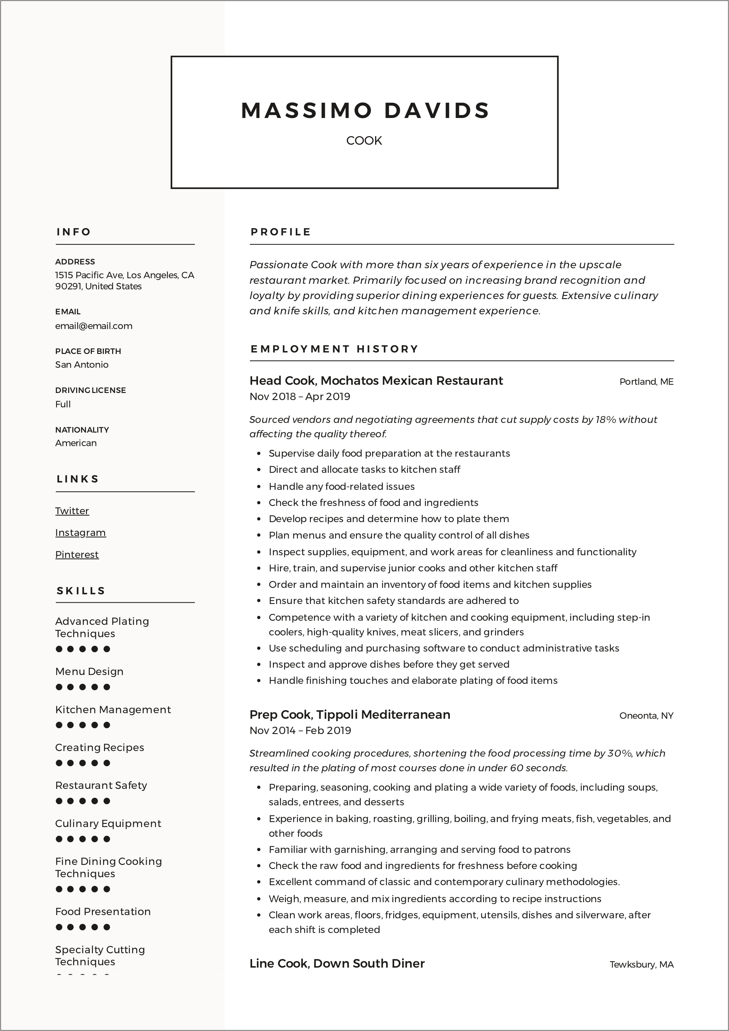 Resume Sample For Japanese Chef