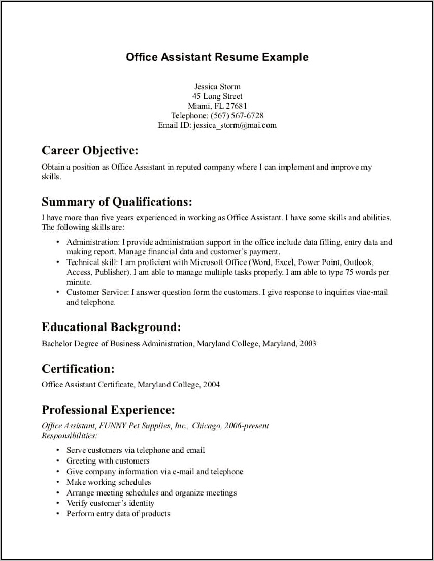 Resume Sample Objective With No Experience