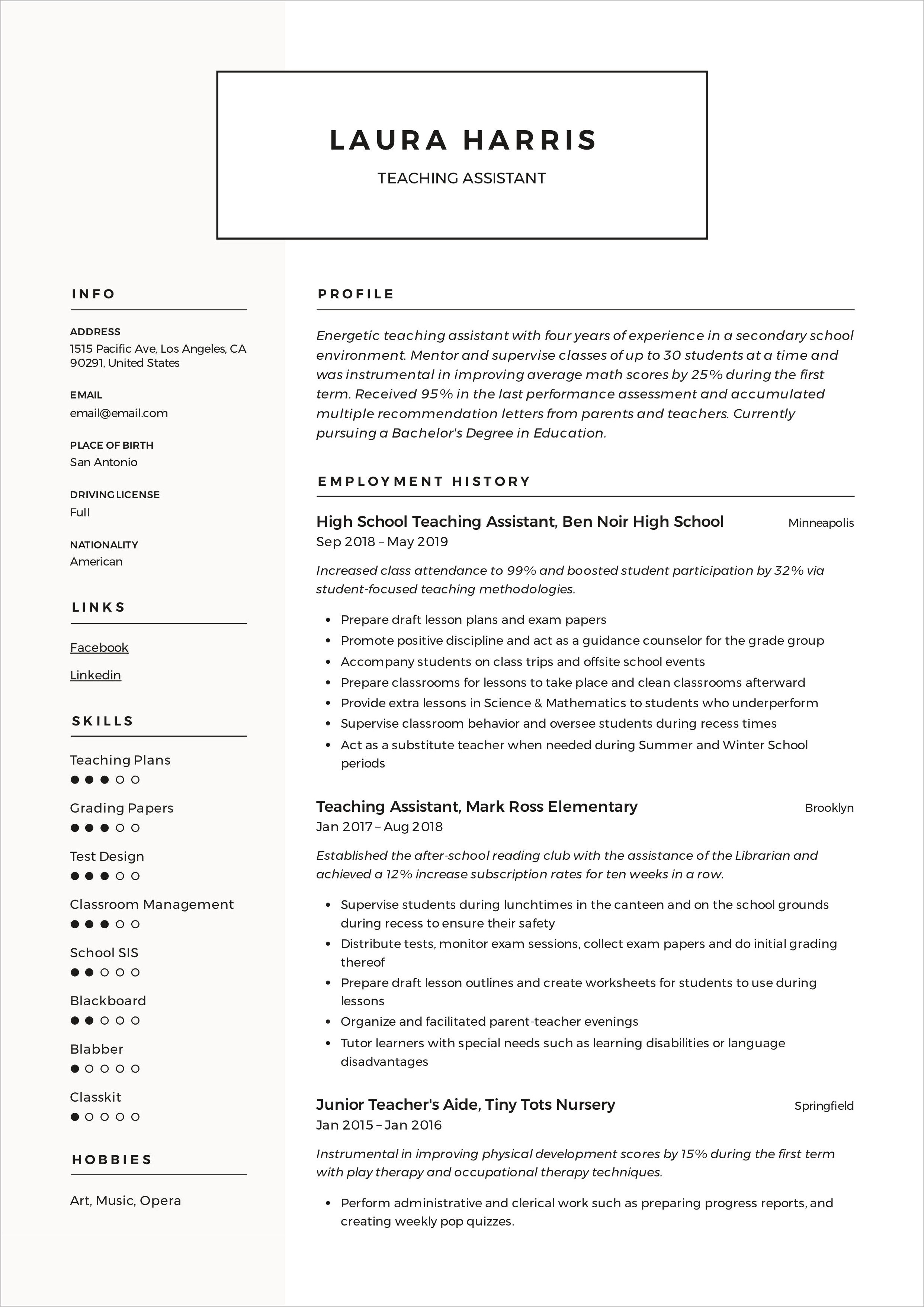 Resume Sample Teacher Assistant In Masters Degree