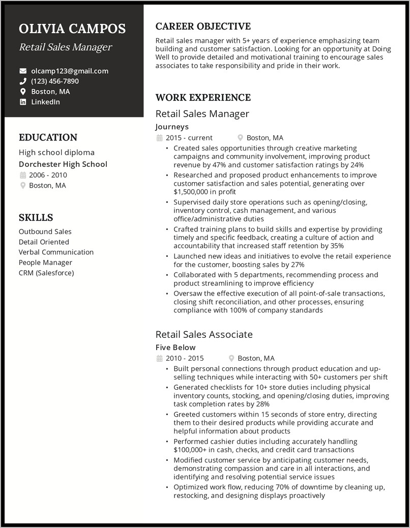 Retail Area Sales Manager Resume