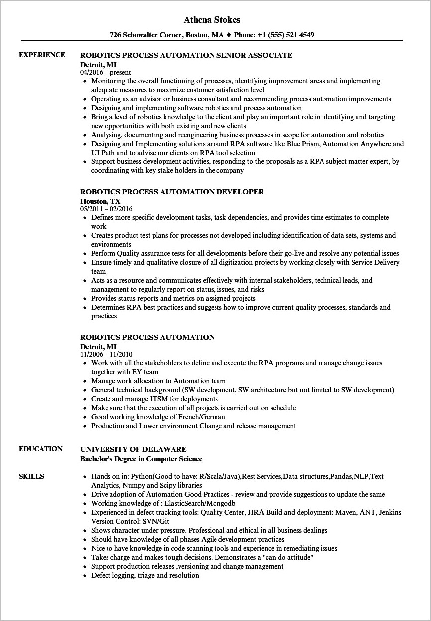 business analyst rpa resume