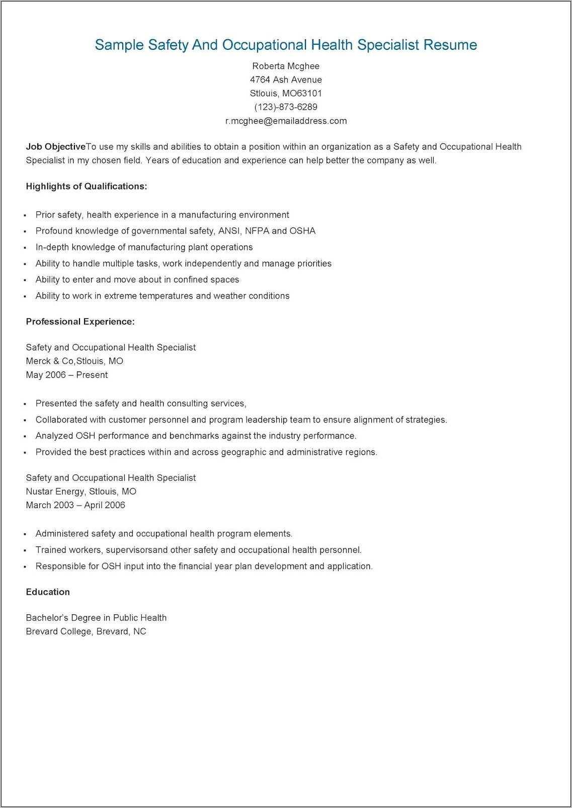 Sample Of Health Professional Resume