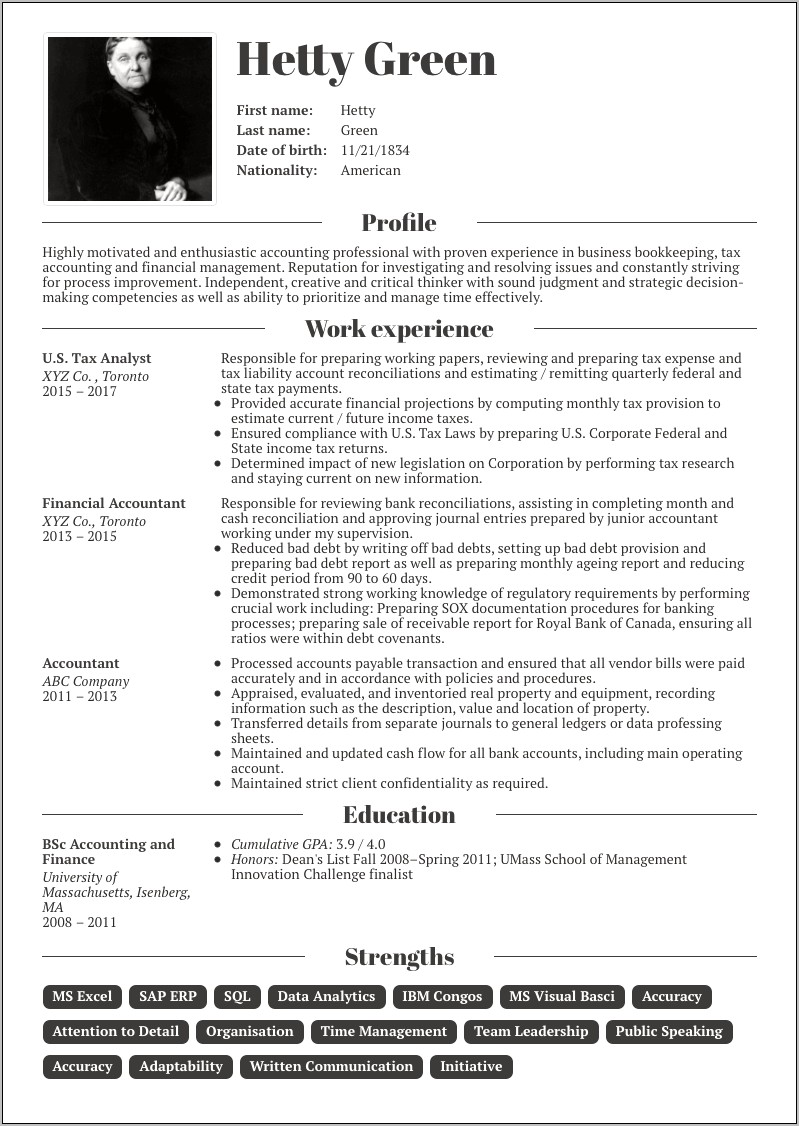Sample Profile For Resume Accounting