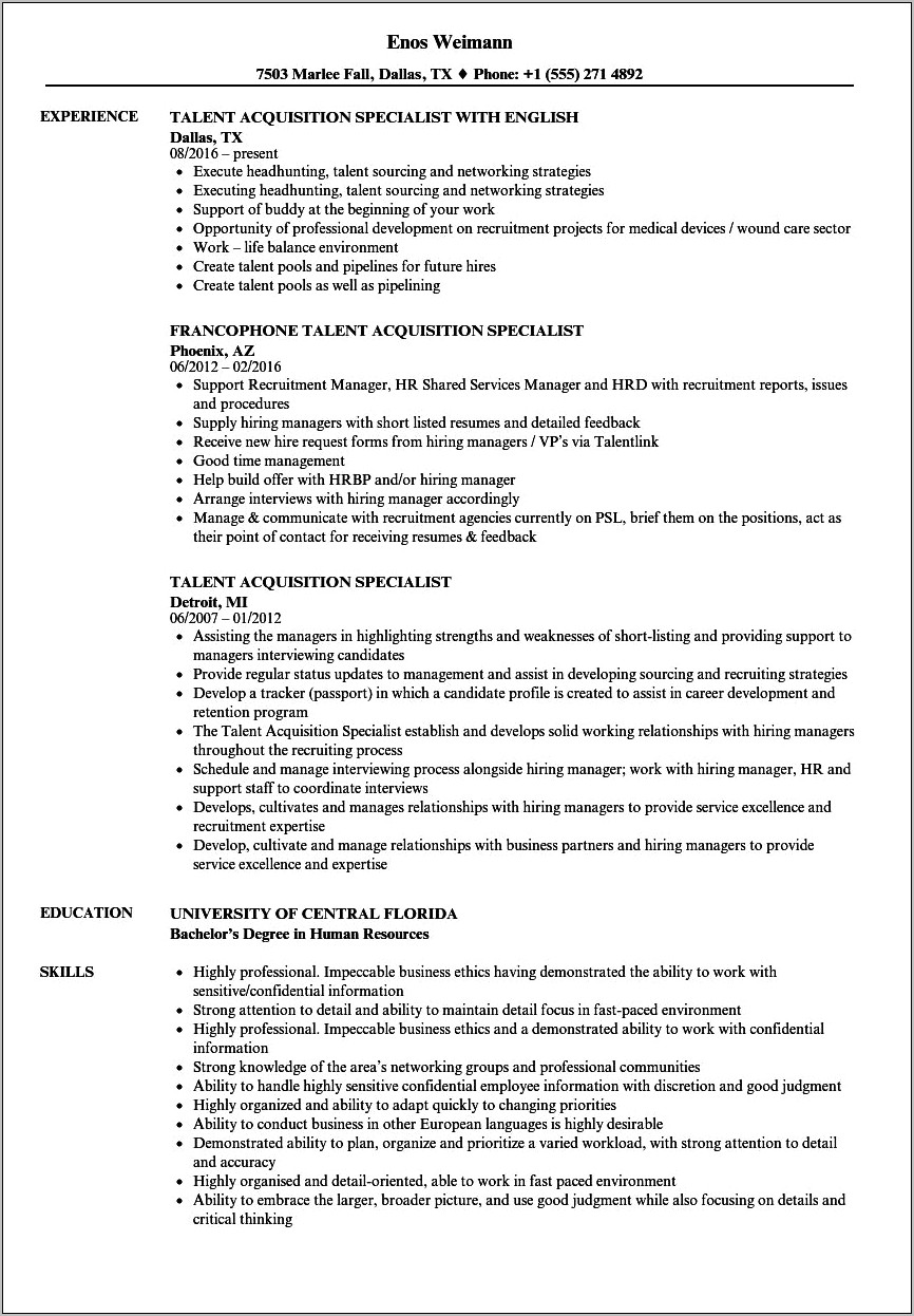 Sample Resume Talent Acquisition Manager