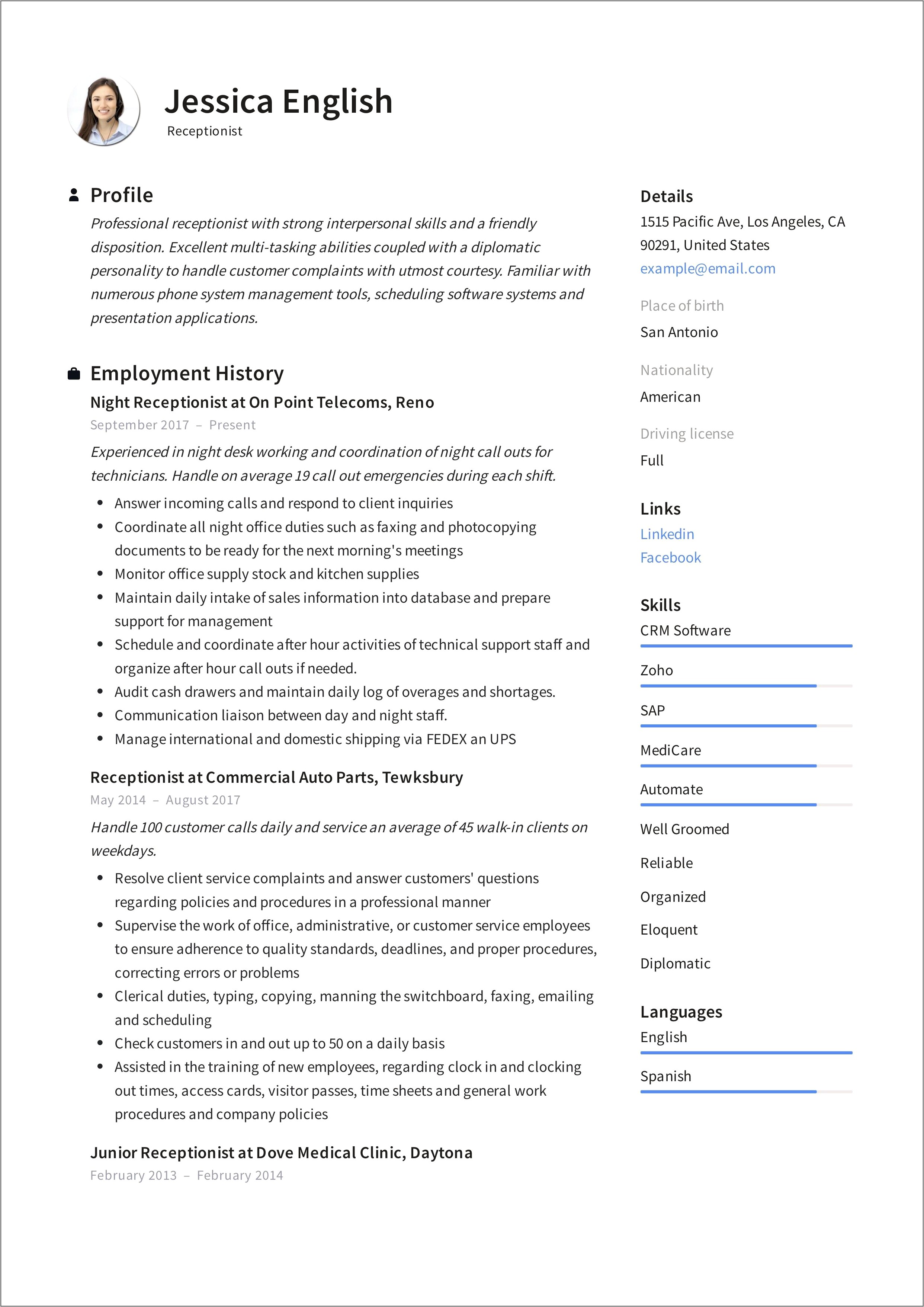 Sample Skills For Receptionist Resume