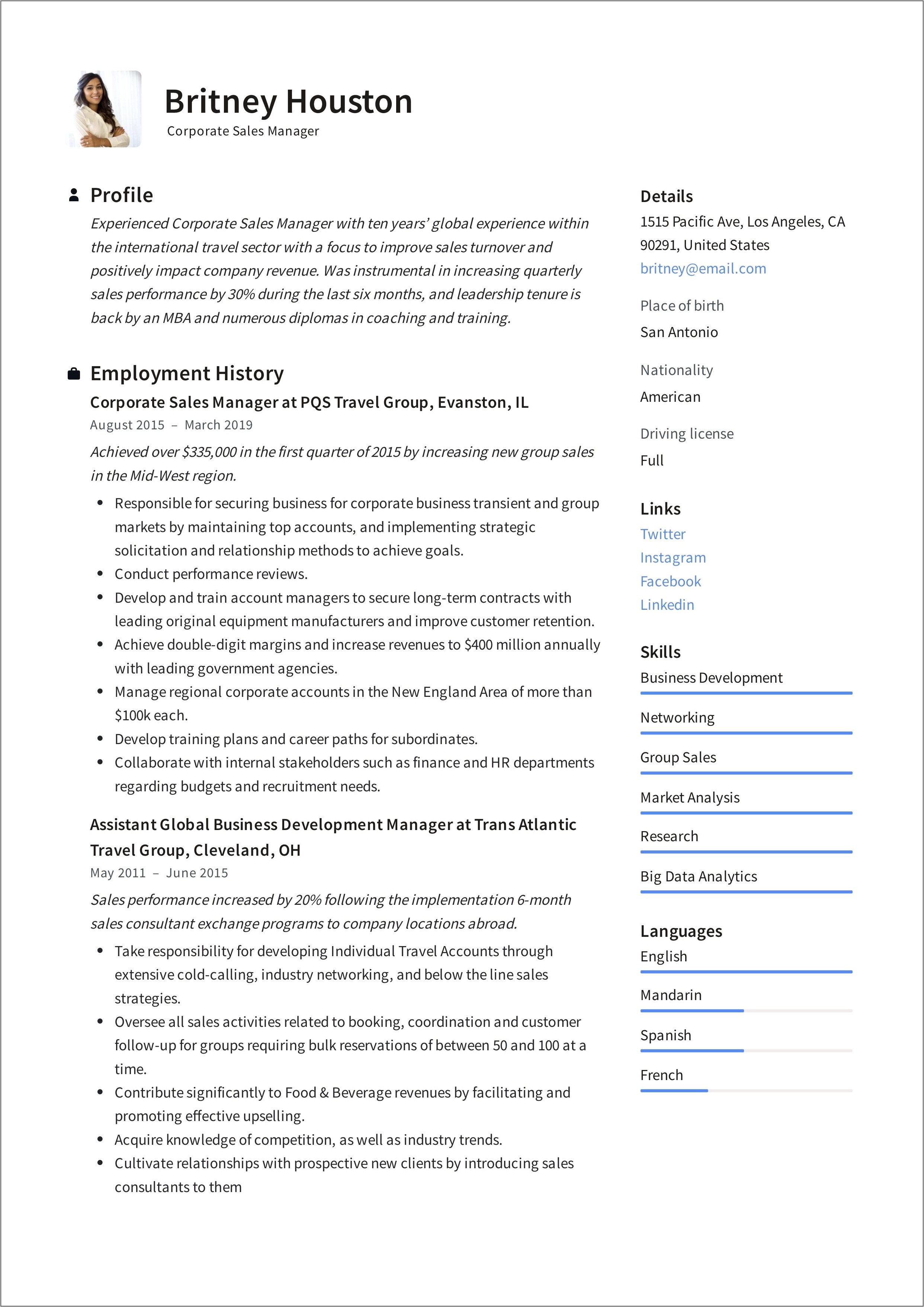 Senior Sales Manager Resume Summary