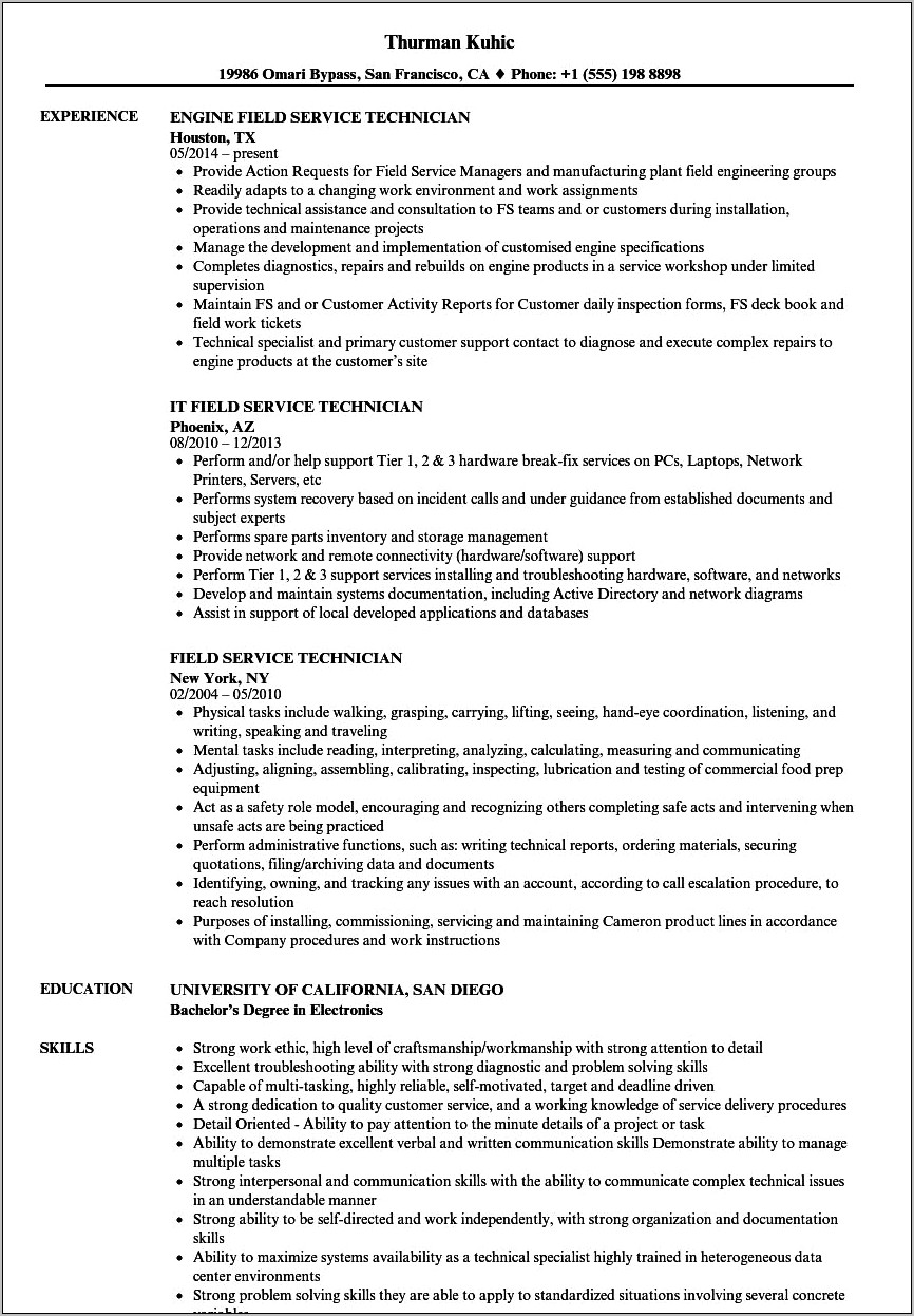 Service Technician Job Description Resume