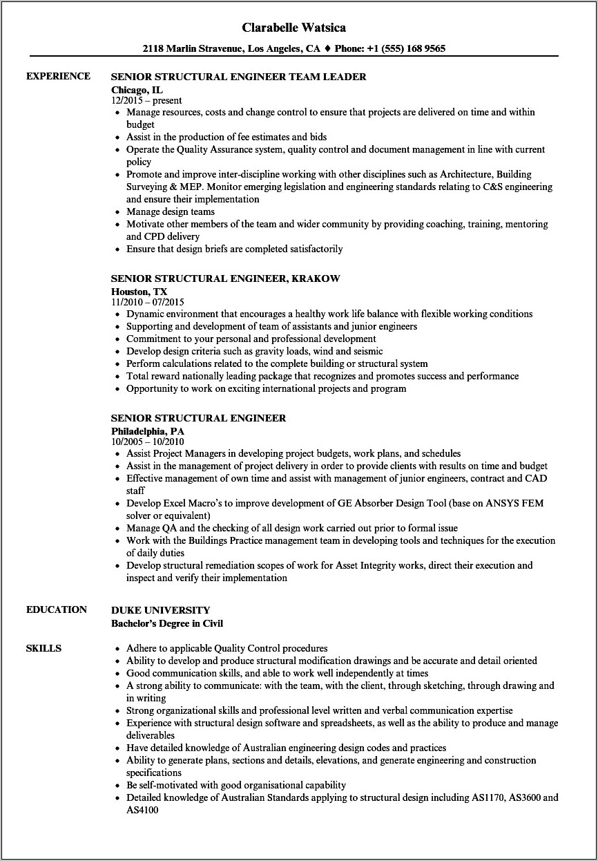 Structural Engineer Manager Responsibilities Resume