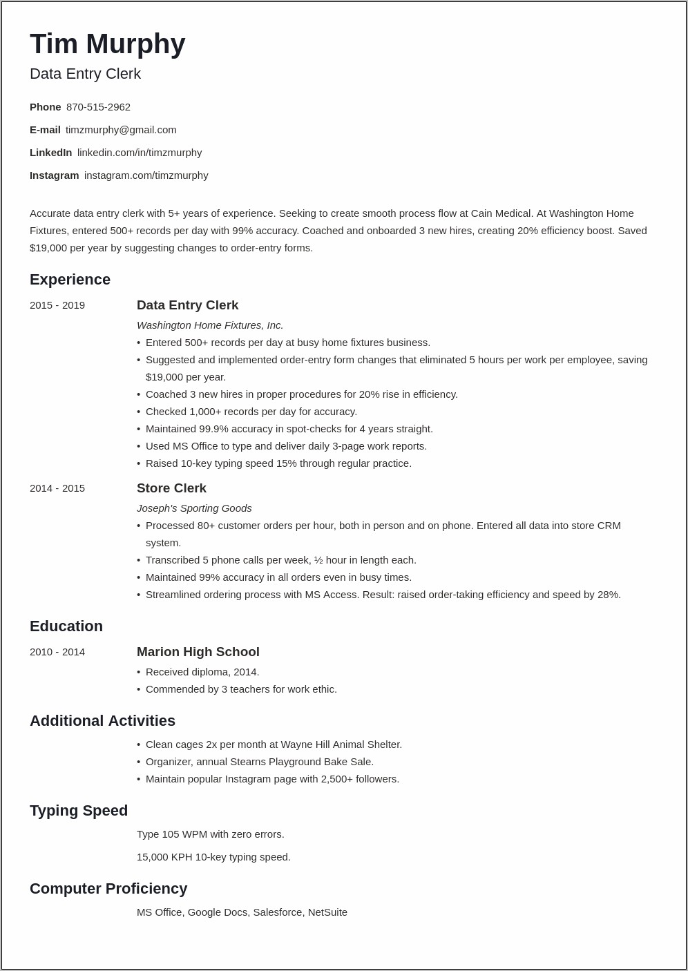how to write typing speed resume
