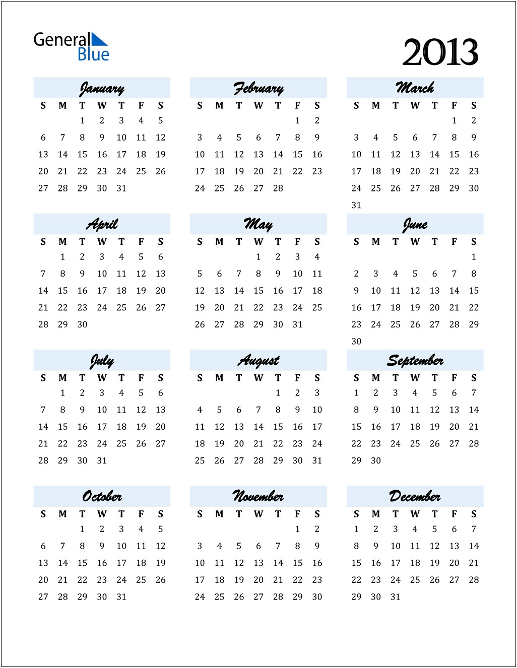 2013 Free Pdf Yearly Calendar Templates