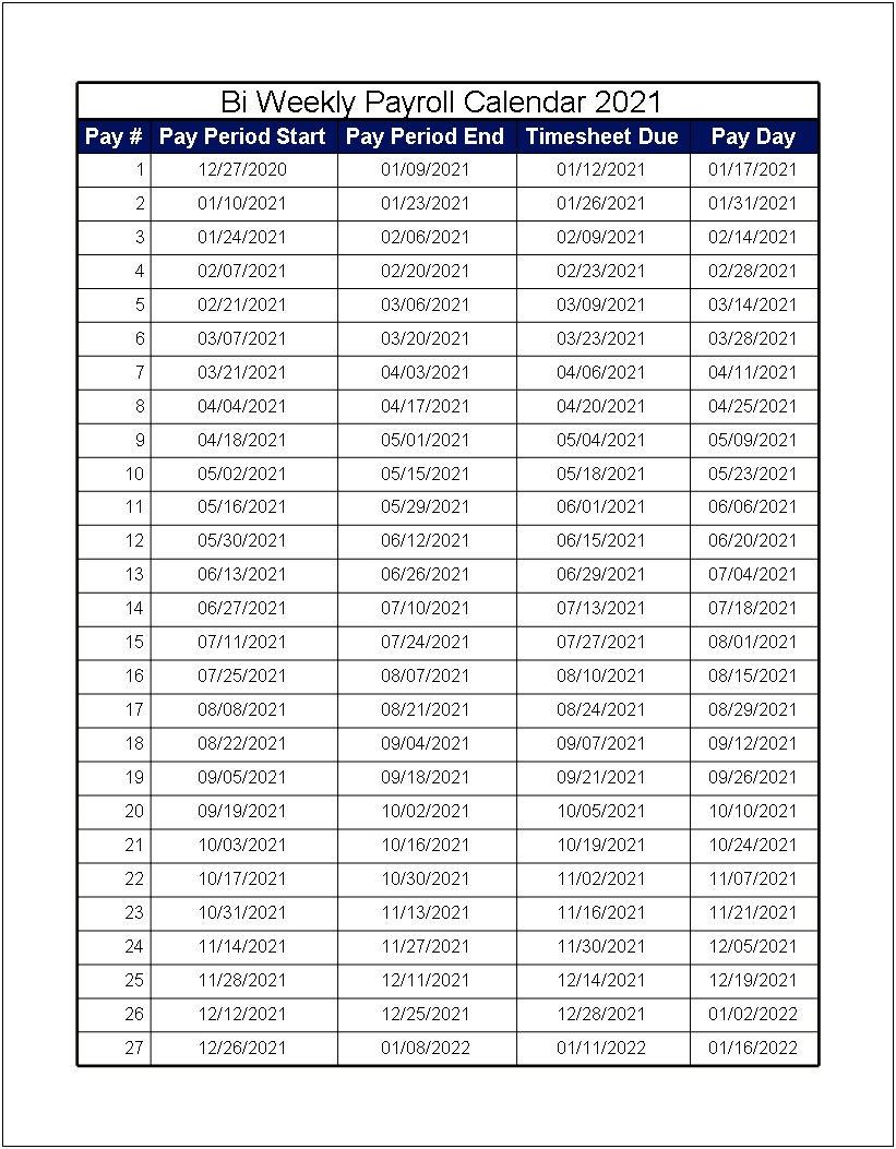 2019 Biweekly Payroll Calendar Template Free