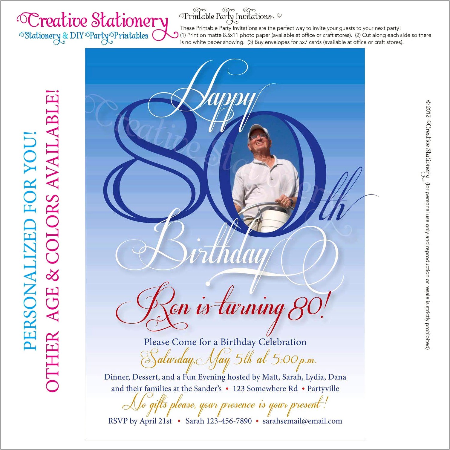 80th Birthday Invitation Card Free Template - Resume Example Gallery