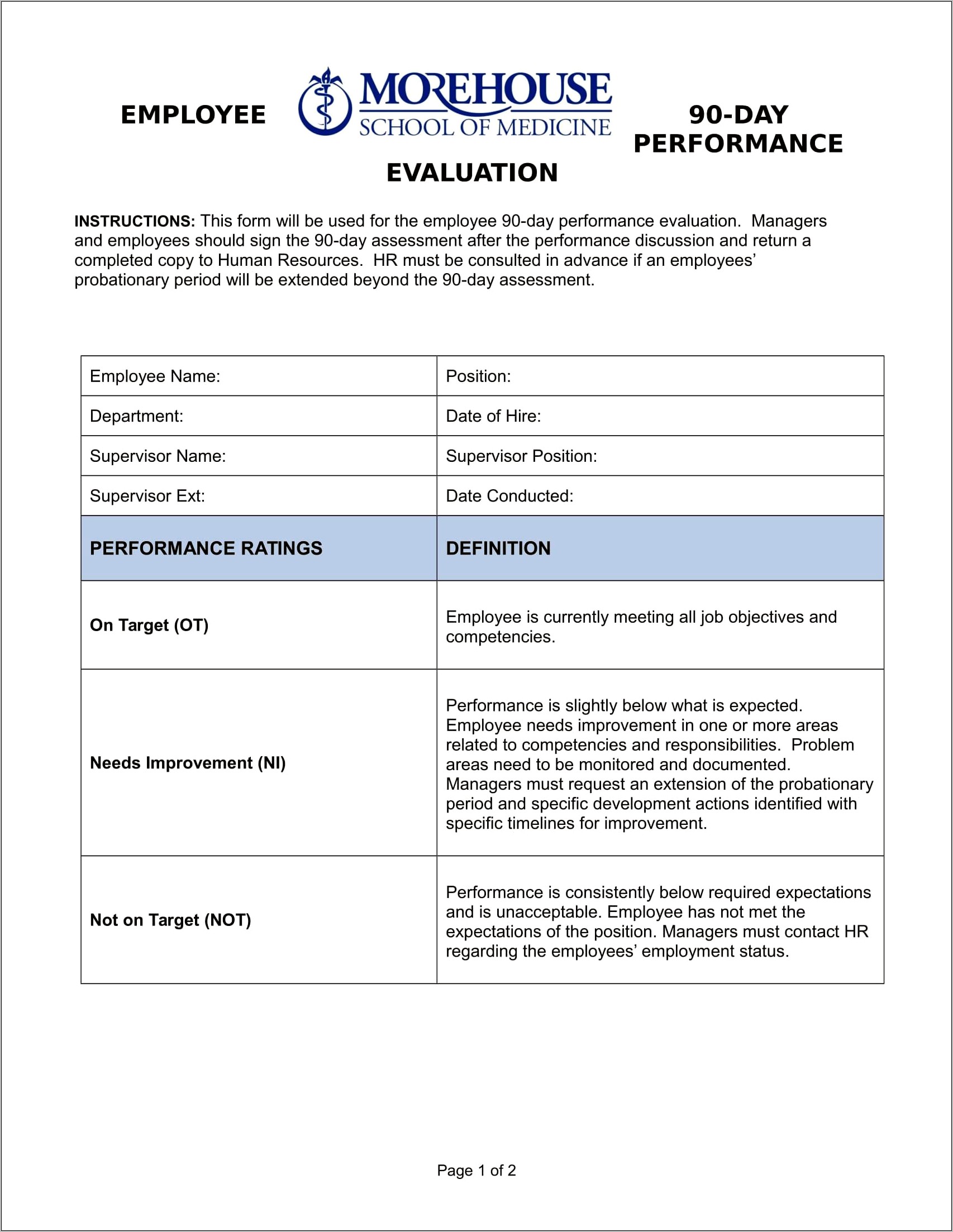 90 Day Performance Review Template Free