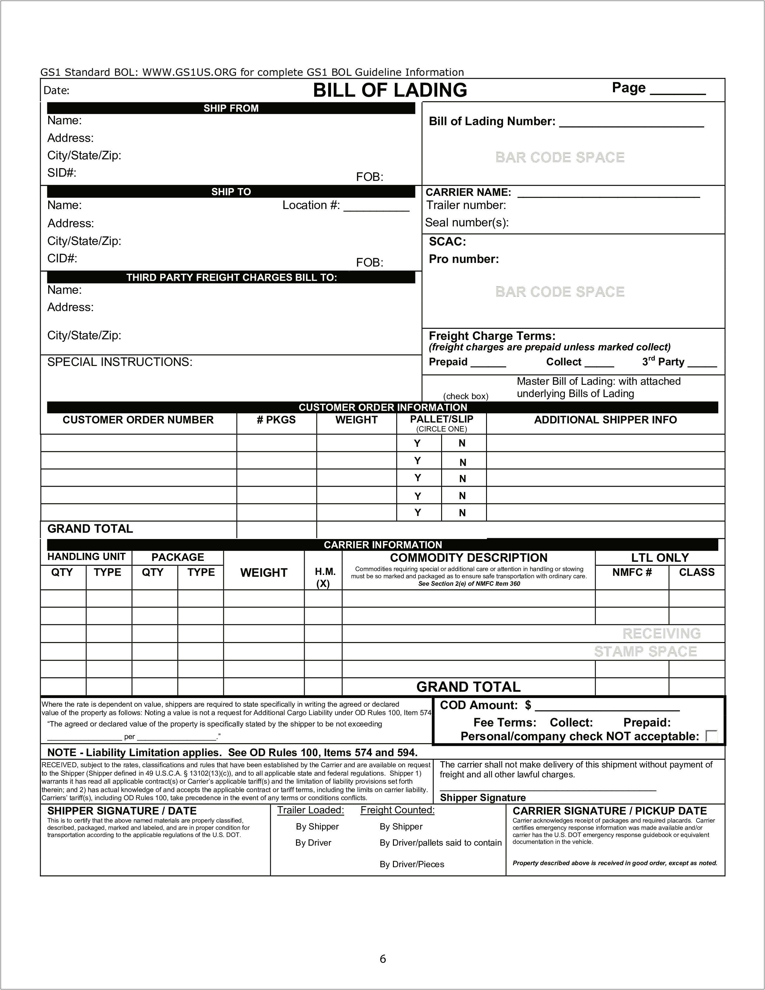 Bill Of Lading Template Free Pdf