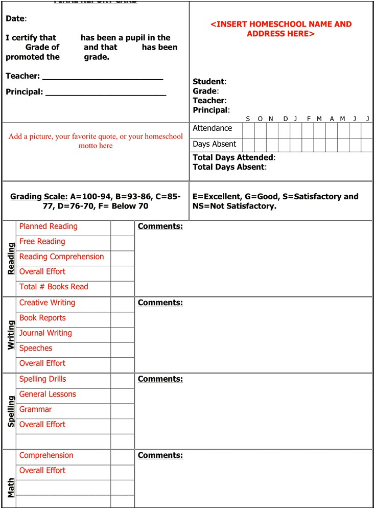 Downloadable Homeschool Report Card Template Free