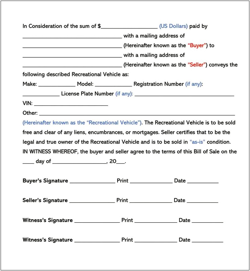 Free Bill Of Sale Document Template