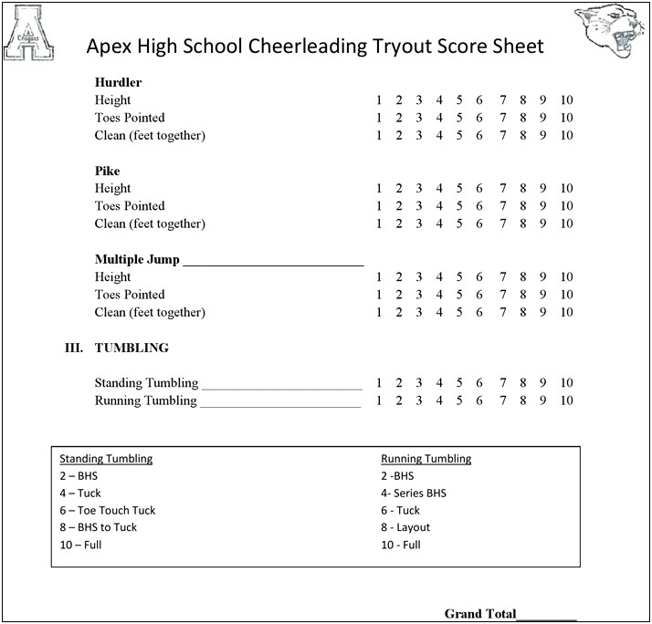 Free Cheer Tryout Score Sheet Template